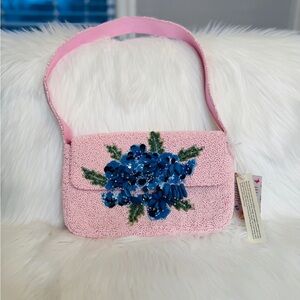 Marshalls Pink Beaded Bag with Blue Floral Design